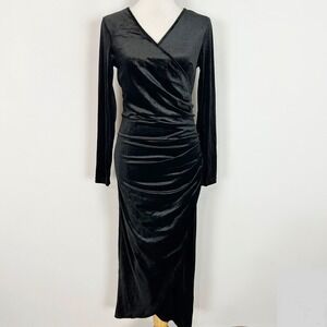Dirass Velvet Midi Dress Black Long Sleeve Ruched Faux Wrap Women Size Medium